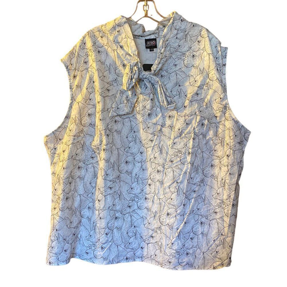 Retrolicious RARE Dog Hound Print Black and White Bow Sleeveless Blouse